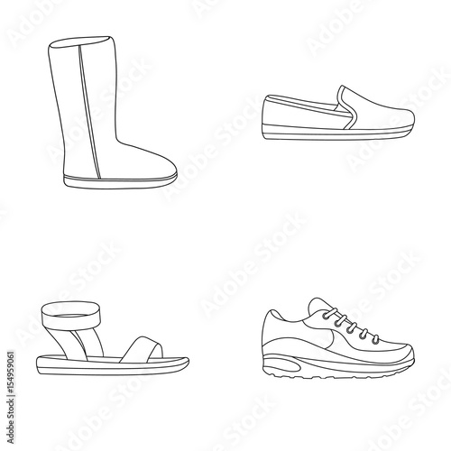 Beige ugg boots with fur, brown loafers with a white sole, sandals with a fastener, white and blue sneakers. Shoes set collection icons in outline style vector symbol stock illustration web.