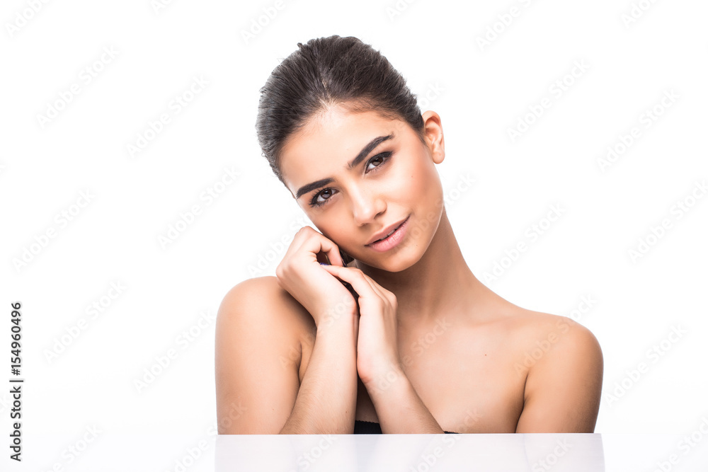 Beautiful Young Woman with Clean Fresh Skin touch own face . Facial treatment . Cosmetology , beauty and spa . Beautiful Young Woman with Clean Fresh Skin touch own face . Facial treatment . Cosmetology , beauty and spa .