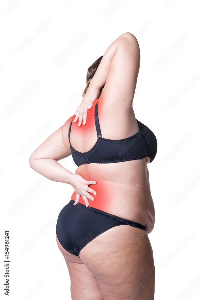 Back and neck pain, fat woman with backache, overweight female body isolated on white background Back and neck pain, fat woman with backache, overweight female body isolated on white background