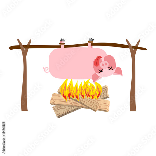 Grilled pig meat on spit. Roasting pork. BBQ piglet