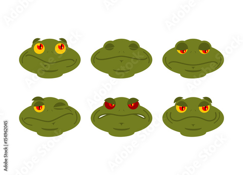 Frog emoji set. toad Avatar Good and evil amphibious. Sleeps and winks. Joy and sadness face reptile