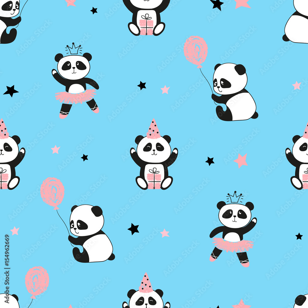 Naklejka premium Seamless cute panda bears pattern. Vector blue background for kids design.