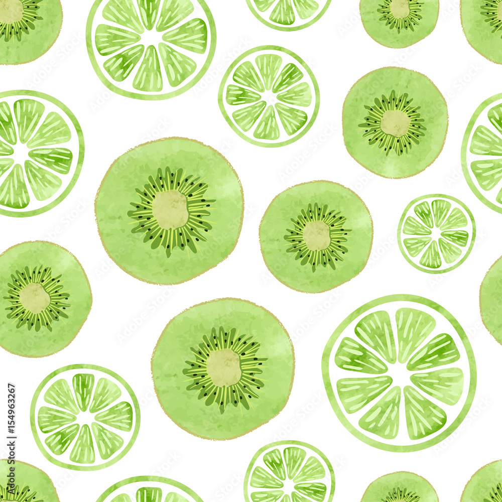 Seamless pattern with green kiwi and lime slices on white.Vector fruit background.