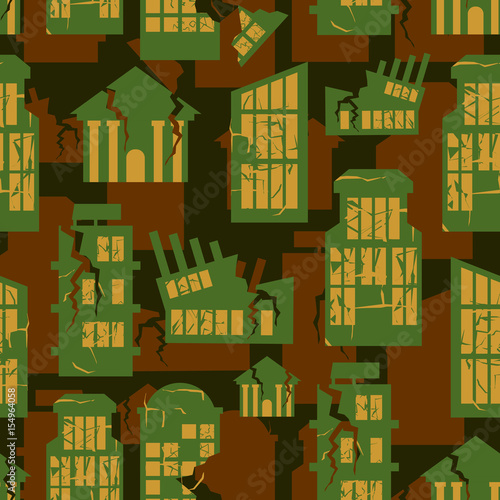 destroyed Buildings seamless military pattern. city house khaki background. town Army protective ornament