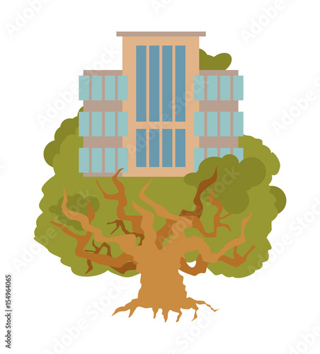 House on tree. Office Buildings on oak. Alligory New residential quarter