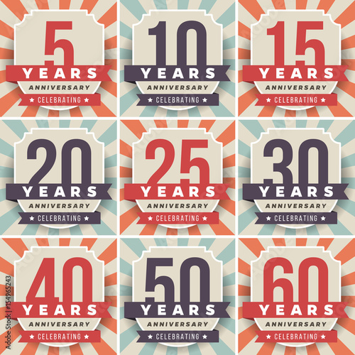 Vector set of anniversary signs  symbols. 5  10  15  20  25  30  40  50  60 years jubilee design elements collection.