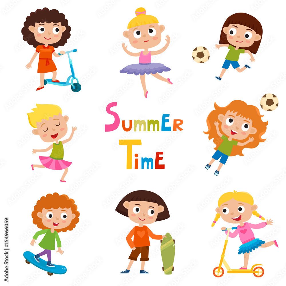 Vector set of summer child's outdoor activities isolated on whit