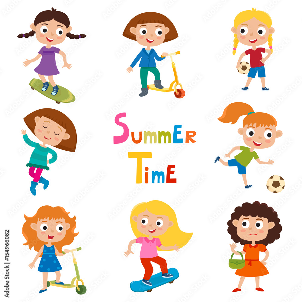 Vector set of summer child's outdoor activities isolated on whit