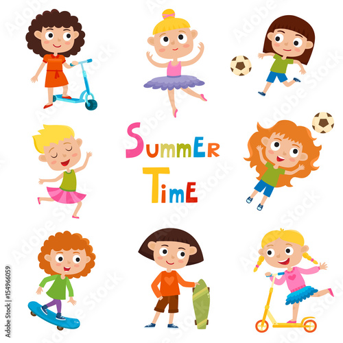 Vector set of summer child s outdoor activities isolated on whit