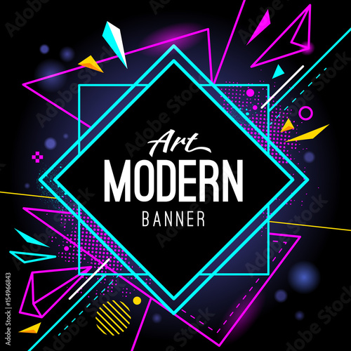 Modern style abstract banner with bright neon lines and frame for headline. Vector background.