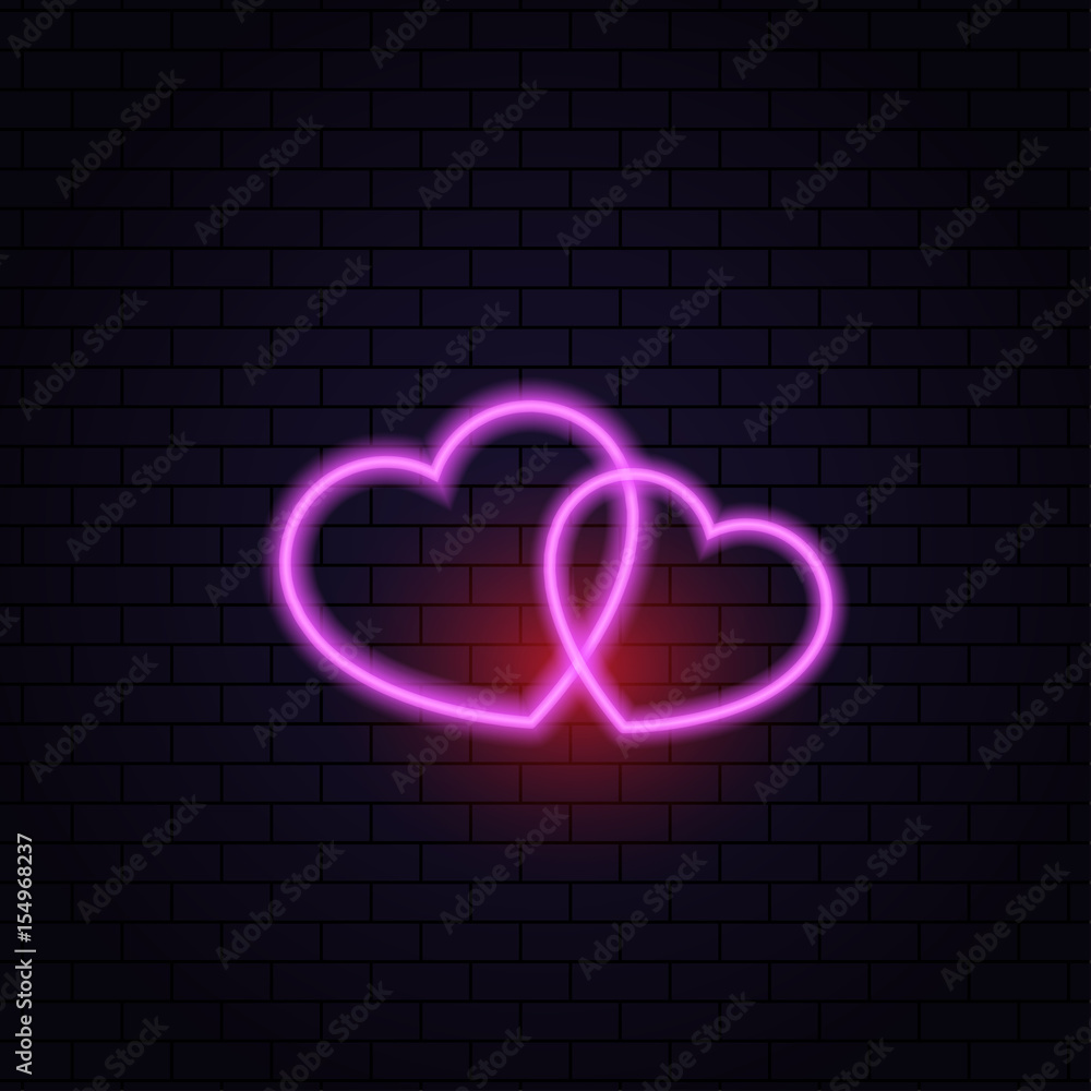 Two hearts neon lamp abstract on a brick background. Vector illustration .