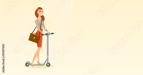 Woman riding kick scooter vector illustration.