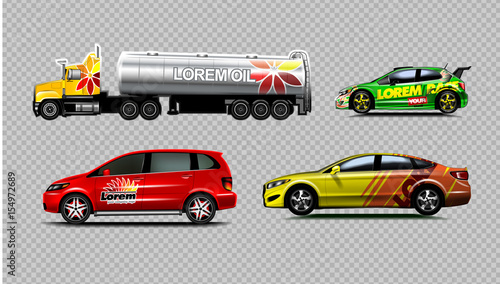 Digital vector yellow red and green sedan sport cars mockup, van and fuel tank truck. Your brand. Isolated. Transparent, realistic 3d, reflection