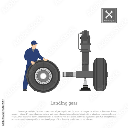Repair and maintenance of aircraft. Engineer fix wheel on landing gear of airplane. Industrial drawing in a flat style