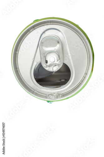 Drops of water soda on the opened aluminum beverage green can, top view.