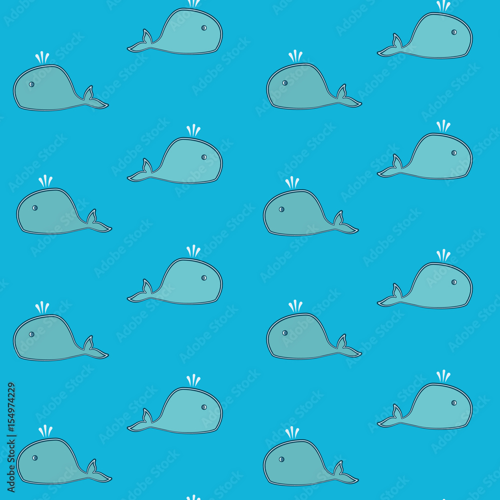Naklejka premium Cute colorful cartoon whales pattern, nice children pattern with outline whales. Nice marine kids texture for textile, wallpapers, wrapping paper, design, cover, background