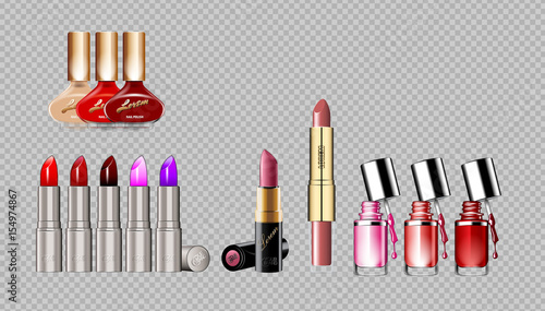 Digital vector silver container and colored glamorous lipsticks and nail polish set mockup, with your brand, ready for print ads or magazine design. Glossy and shine, realistic 3d style