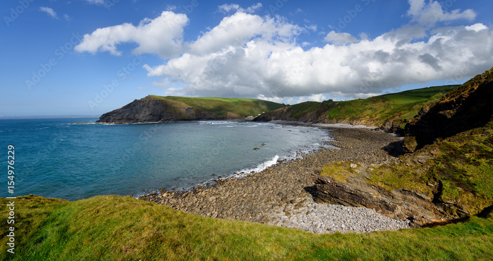 Panoramic view of the beach and cliffs at Crackington Haven near Bude on the north coast of Cornwall, from the foot of the Cambeak Headland Panoramic view of the beach and cliffs at Crackington Haven near Bude on the north coast of Cornwall, from the foot of the Cambeak Headland
