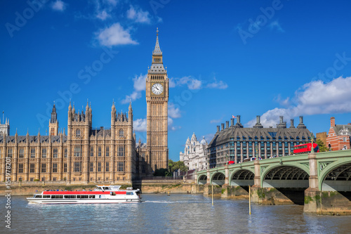 Photography Big Ben and Houses of Parliament with boat in London, England, UK