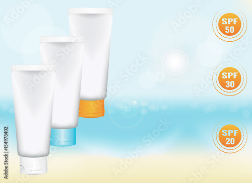 a set of blank vertical tube for cosmetic product on a background of sea beach. colored caps. signs SPF. realistic template for advertising. vector illustration