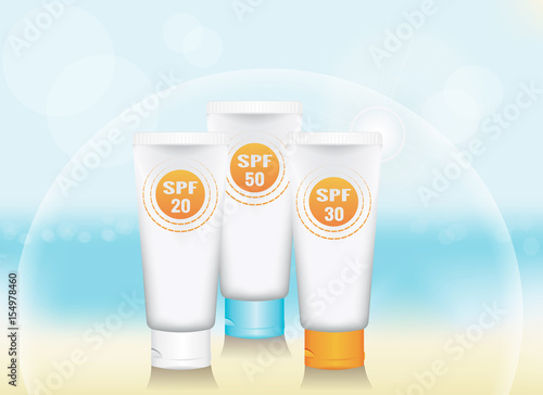 a set of blank vertical tube for cosmetic product on a background of sea beach. colored caps. signs SPF. the symbolic dome of protection. realistic template for advertising. vector illustration