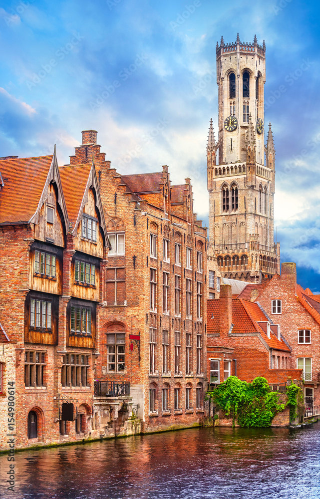 Medieval bell tower Belfort van Brugge in town Bruges Belgium