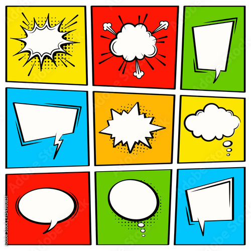 Comic vector speech box set.  Speech bubble set. Cartoon pop art expression speech cloud illustration. Comics book vector background template. 