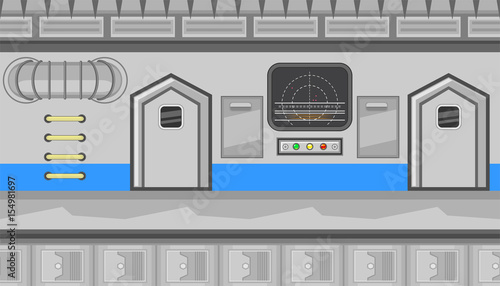 Seamless spaceship interior of corridor with gray monitor for game design