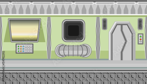 Seamless spaceship interior of green corridor and yellow monitor for game design