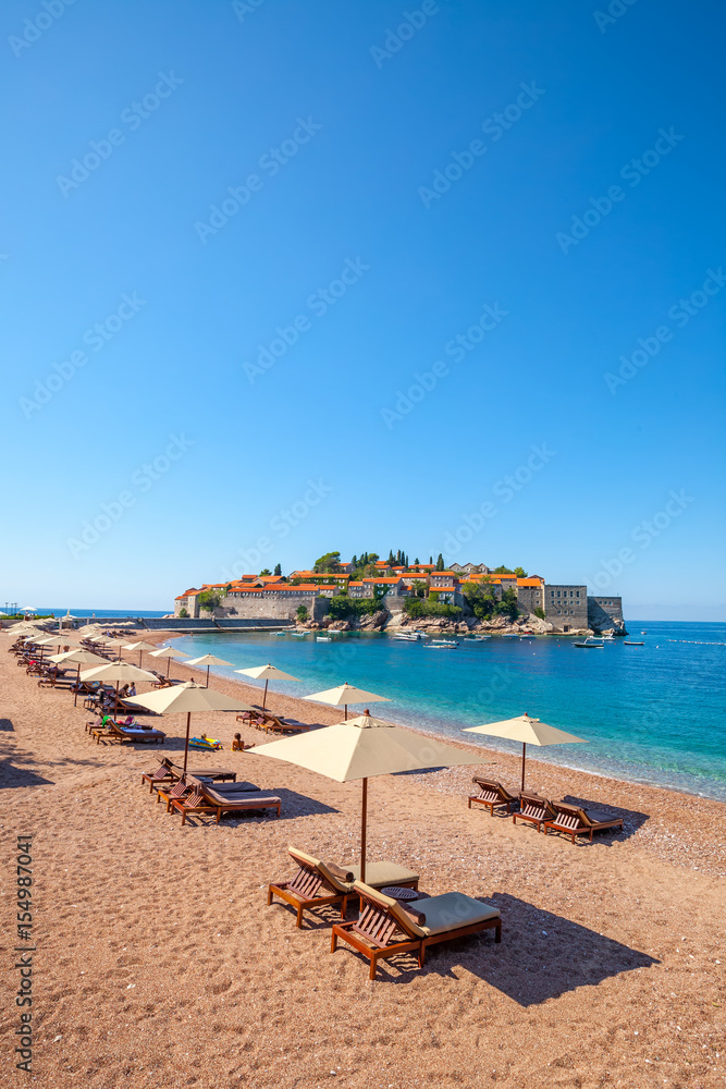 Wonderful holiday in St. Stefan, Adriatic Sea, Sveti Stefan, old historical town and resort on the island. Montenegro