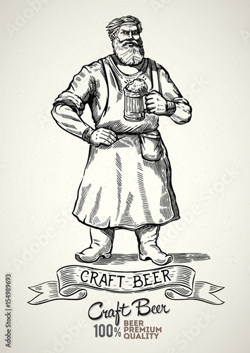 Happy brewer characters, holding a mug full of beer, illustration in engraving style.