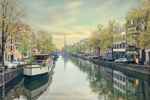 Canals of Amsterdam. Moody panorama of Rossebuurt district