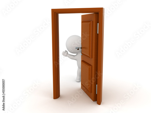 3D Character waving from behind a half opened door photo