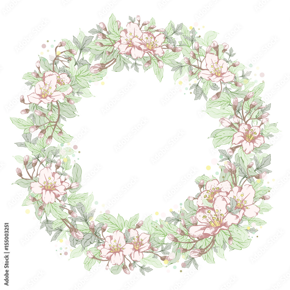 Vector botanical banner with round frame of hand-painted flowers in pastel light colors on white background
