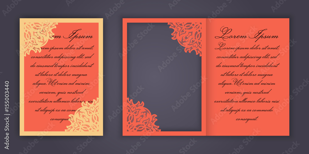Fototapeta Wedding invitation or greeting card with vintage lace ornament. Mock-up for laser cutting. Vector illustration.