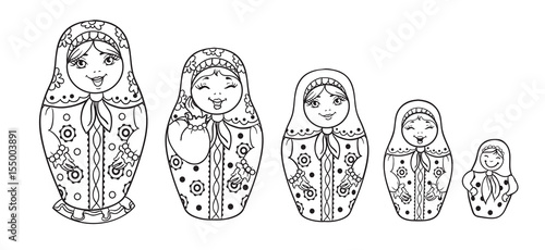 Russian Dolls Matrioshka Outlined for coloring book. Five Russian nested doll, Babushka doll, Russian Souvenir, present.