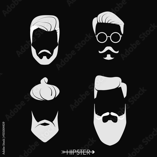 Set of hipster man haircuts, beards, mustaches. Simple design for logo, silhouette. Vector illustration.