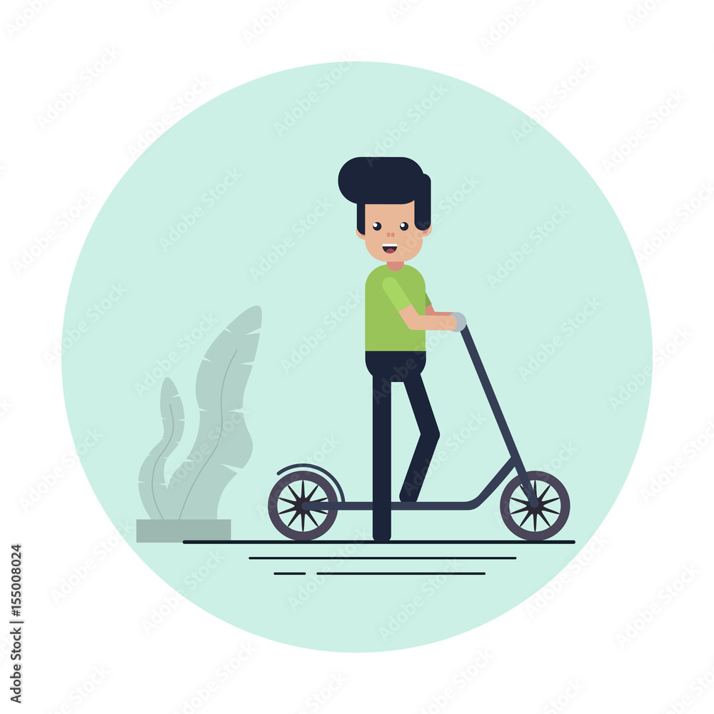 A man is standing with a scooter on the background of plants in pot
