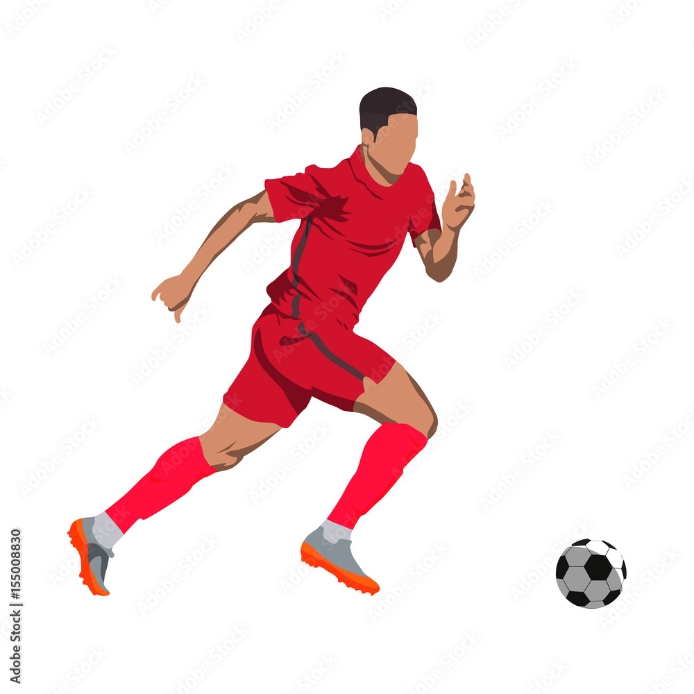 Soccer player in action with ball. Running offensive player in red jersey, vector isolated illustration