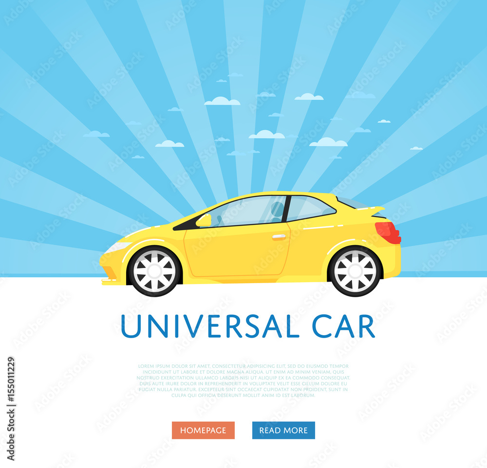 Website design with universal city car. Comfortable family car on blue striped background, modern auto vehicle banner. Auto business, sale or rent transport online service vector illustration concept