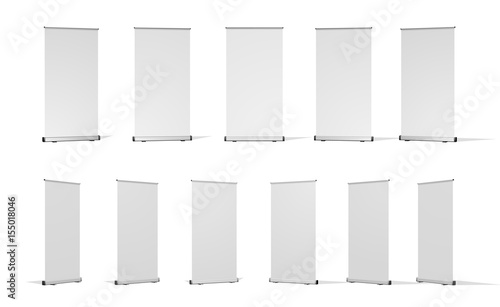Set of Vertical Roll-up banner or an advertising banner. Different angles. Isolated on white background.