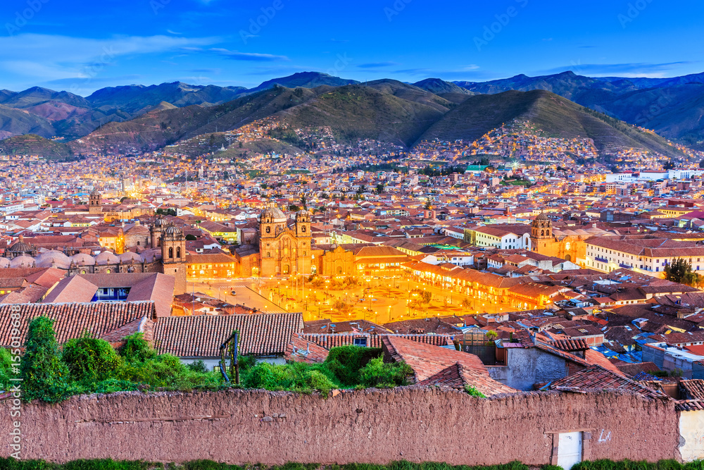 Cusco, Peru the historic capital of the Inca Empire. Plaza de Armas at twilight.