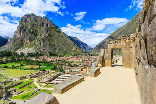 Ollantaytambo, Peru. Inca Fortress ruins on the temple hill. photo