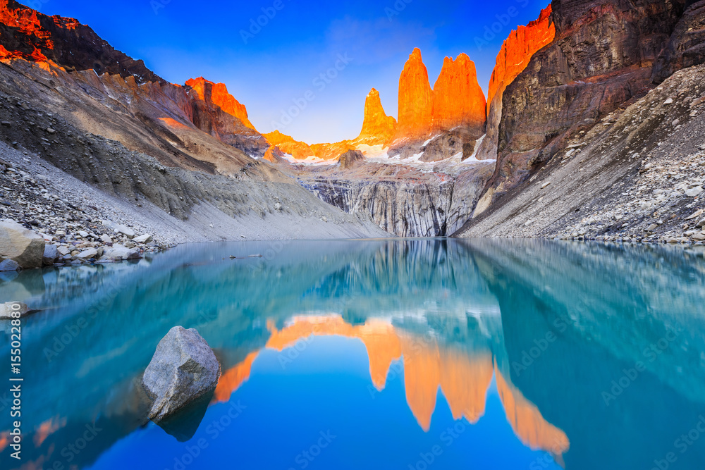 Torres Del Paine National Park, Chile. Sunrise at the Torres lookout.