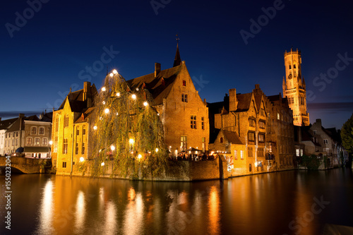 Historic Medieval City of Bruges with River Canal at Dusk, Belgium