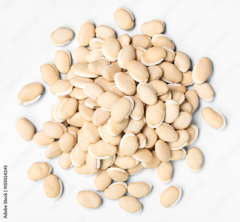 dried raw hyacinth beans on white, top view dried raw hyacinth beans on white, top view