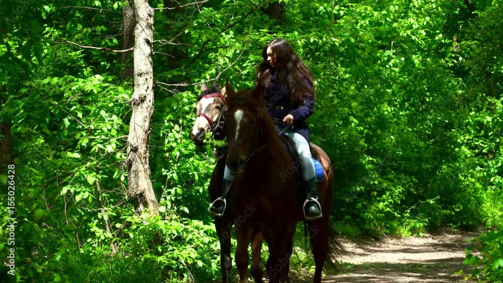 Young brunette woman coming from the forest with two horses during the summer