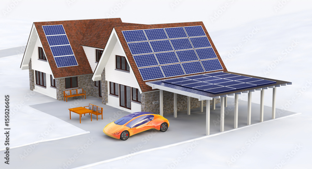 Solar Power House With A Charger Station For Electric Cars, Renewable