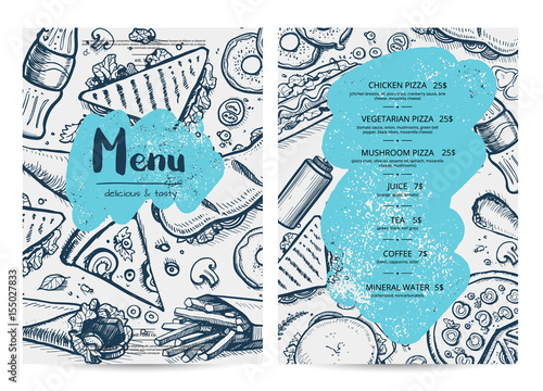 Restaurant menu template with food sketches. Fast food vector design with hand drawn pizza, hot dog, chicken, drink pencil doodles. Cafe price catalog, junk food card with hand drawn graphic