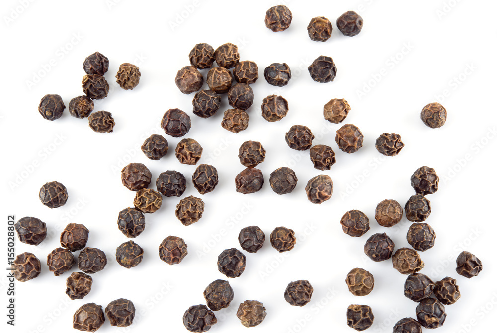 Peppercorn isolated on white background. Dry black pepper seeds. Top view. Peppercorn isolated on white background. Dry black pepper seeds. Top view.